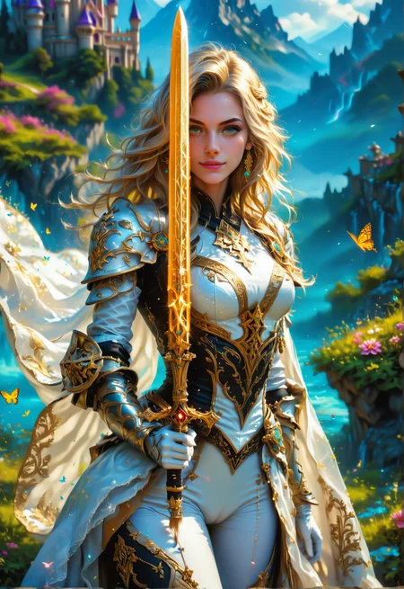 hkstyle, DreamArt, masterpiece, score_9, score_8_up, score_7_up, score_6_up, dreamlike, perfect quality, highest quality, 8k, hyperrealistic, highest details, hdr, ultrasharp, cinematic, vibrant colors, detailed hair, (stunning background:1.2), very aesthetic,(fantasy, 8k, 16k, perfect quality, highest quality, hyperrealism, magical, intricate details:1.2), highly detailed, high contrast, butterflies 1girl, tight clothes, (cameltoe:0.8), knight, paladin, (long legs, from castle on mountain:1.1), long pants, white pants, boots, gloves, white armor, confident, strong, heroic, 37 years old, long hair, white hair, beautiful, charismatic, friendly, outdoors, (curvy, strong, goddess, heroic:1.1), windy, impressive castle, rainbow, lush landscape, perfect face, smiling, looking at viewer, (holding golden sword:1.3)<lora:xl_more_art-full_v1.safetensors:0.4:0.4> <lora:SDXLFaeTastic2400.safetensors:0.4:0.4> <lora:Pony_DetailV2.0.safetensors:2.0:2.0> <lora:DreamArtPonyV1.0.safetensors:0.4:0.4> <lora:PonyFantasyKnightsV4.safetensors:0.5:0.5>