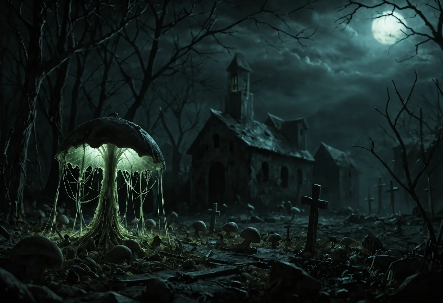 score_9, score_8_up, score_7_up, score_6_up
A dark, foreboding graveyard at night, with crumbling headstones and weathered mausoleums dotting the landscape. Glowing, bioluminescent mushrooms sprout from the ground, casting an eerie light over the graves. Their caps are a deep, blood-red color, and their stems pulse with an otherworldly energy. The air is heavy with the scent of damp earth and decay, and the atmosphere is thick with malevolent presence." "Lighting is dim, with only the mushrooms' glow providing any illumination. Shadows writhe across the ground, like restless spirits trying to break free." "Textures: rough stone, damp earth, and slimy fungus. Color palette: muted, with an emphasis on dark reds, blacks, and purples to create a sense of foreboding.
(((extremely detailed, dark dramatic shadows, creepy, eerie glow, night))), <lora:add-detail-xl:2>