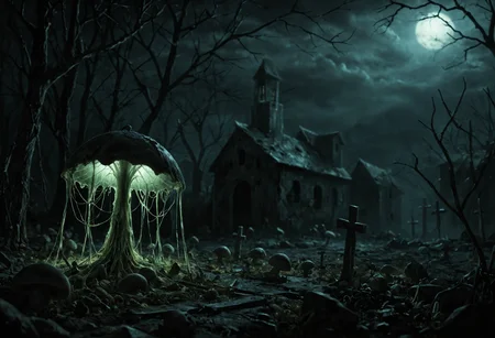 score_9, score_8_up, score_7_up, score_6_up
A dark, foreboding graveyard at night, with crumbling headstones and weathered mausoleums dotting the landscape. Glowing, bioluminescent mushrooms sprout from the ground, casting an eerie light over the graves. Their caps are a deep, blood-red color, and their stems pulse with an otherworldly energy. The air is heavy with the scent of damp earth and decay, and the atmosphere is thick with malevolent presence." "Lighting is dim, with only the mushrooms' glow providing any illumination. Shadows writhe across the ground, like restless spirits trying to break free." "Textures: rough stone, damp earth, and slimy fungus. Color palette: muted, with an emphasis on dark reds, blacks, and purples to create a sense of foreboding.
(((extremely detailed, dark dramatic shadows, creepy, eerie glow, night))), <lora:add-detail-xl:2>