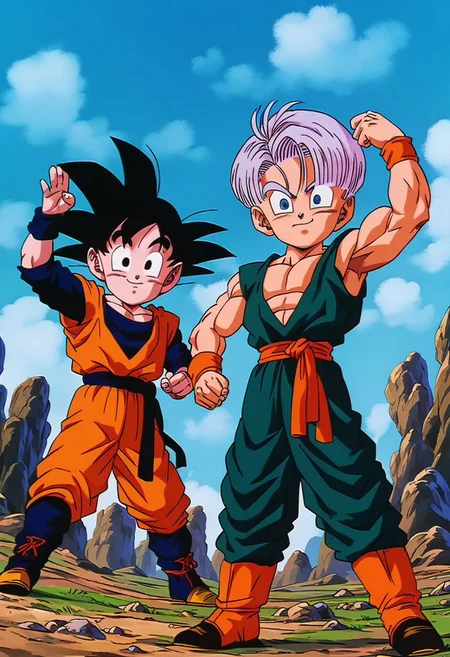 ASCIIscore_6_up, score_8, score_7_up, 2boys, goten, male focus, waving at viewer, trunks, flexing, sky background, official art, official style, perfect composition, 4k,