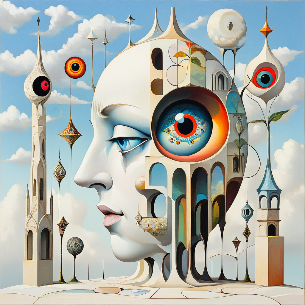 <lora:Dreamlike_surrealist_paintingSDXL:1> ArsMJStyle, Dreamlike surrealist painting, The image is a digital art piece that appears to be a surreal landscape with a large white face in the center. The face is surrounded by a variety of colorful and abstract shapes and patterns. The background is a light blue sky with white clouds. On the left side of the face there are several tall towers with intricate designs and patterns including a globe a bird and a birdhouse. On the right side there is a large circular object with a red and orange eye in the middle. The object is connected to a series of smaller circles and lines creating a sense of depth and dimension. The overall color palette of the image is predominantly white with a mix of blues greens yellows and oranges. - The overall effect is one of dreamlike and surrealism with the colors blending together to create a dreamlike quality., cloud, surreal, blue eyes, sky, no humans, abstract, eye focus, solo