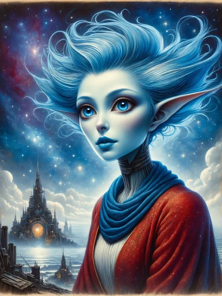 Art by Andy Kehoe, luis royo, Esao Andrews, Umberto Boccioni Portrait of an alien woman with blue luminescent skin and sharp tips of ears, Blue wavy hair, fanged smilesitting, three-quarter view, classic style of oil painting in warm tones, intricate sapphire-decorated collar, muted background depicting a hazy, distant alien landscape, Ultra-high detail, detailed Random alien landscape, starry sky Space, futurism, unusual cities, the brilliance of stars, digital painting, high detail, intricate pose, clarity, high quality soft diffused lighting, high level of detail of facial features, rich textures of clothing, chiaroscuro effect, ultra-fine work with a brush, digital painting A man sitting alone in a ruined city. Akira (1988 film), victo ngai cyberpunk style, villain wearing a red oni mask, videogame poster, wearing a botanical gas mask, holy cyborg necromancer girl, inspired by MÅbius, verdigris, ign, the artist has used bright, sergio toppi, story art. Bold colors, Stylized portraits, Famous faces, Pop art still life, Pop art landscapes. delicate face, facial details, confident soft impressionist perfect composition, Sharp, perfect eyes. JaMuary 21 = Drawing + Romanticism + Abstract Art. Drawing by Michael Ayrton, fusion of [Romanticism | Abstract Art by Alberto Seveso] digitally enhanced cinematic pencil sketch manifesting intense emotion. An image must have a mysterious look and incredible masterpiece quality - It must be in high resolution (8k) with super detail and lots of attention to small details - The image must present macro details and include volumetric light - The image must be Absolutely perfect, with super-detailed texture and realistic reflections on surfaces - Cinematic effects must be applied to the image for added effect - Proportions of objects must match the aspect ratio of the screen, while the object must be located in the center - Image must take up the entire screen and be in UHD (ultra high resolution format definition).
 <lora:grainy-v1:1>