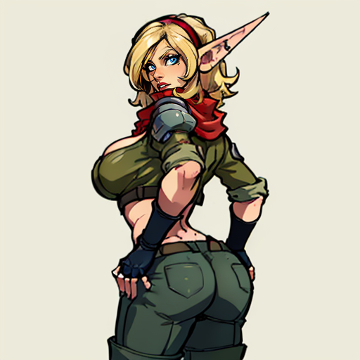 Tess,blonde hair,blue eyes,pointy ears,makeup,large breasts, solo,  hands on hips,  rear shot, back view, looking back,
TeAti,gloves ,midriff ,fingerless gloves,boots,cleavage, red scarf,
(insanely detailed, beautiful detailed face, masterpiece, best quality) <lora:Tess-10:0.6>