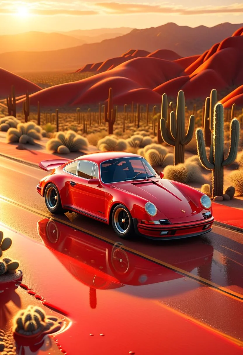 ispzxll, diorama, isometric, miniature, volumetric lighting style, intricate details, wide angle, ultra-detailed, red porsche sports car, nevada desert highway, long straight road, palms, massive cactus, wet pavement, reflective surfaces, glossy, golden hour, long shadows, fluffy clouds, sun rays shining through, 8k