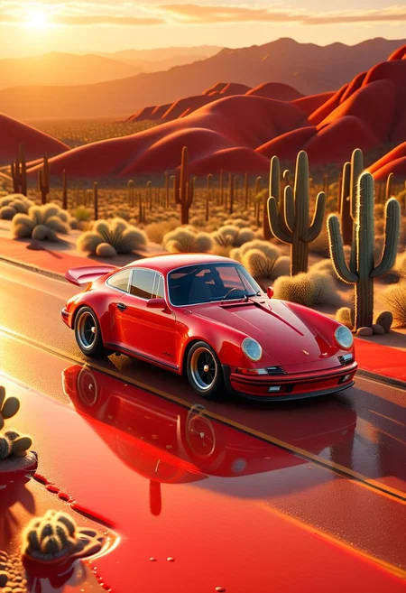 ispzxll, diorama, isometric, miniature, volumetric lighting style, intricate details, wide angle, ultra-detailed, red porsche sports car, nevada desert highway, long straight road, palms, massive cactus, wet pavement, reflective surfaces, glossy, golden hour, long shadows, fluffy clouds, sun rays shining through, 8k