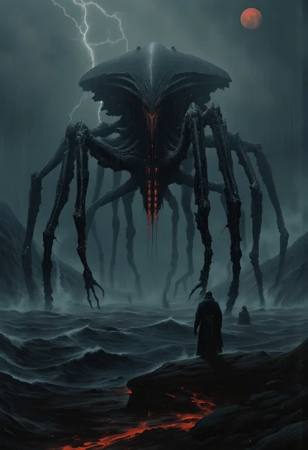 Imagine a colossal insectoid mecha emerging from the ocean under a stormy night sky. With multiple spider-like legs and a complex design, the machine rises through dark waters, casting intricate reflections in the rain-drenched waves. Fog drifts over the scene as lightning cuts through the sky, illuminating the dramatic, dieselpunk-inspired contours of its ominous silhouette. The contrasting colors highlight the menacing presence of this sinister machine, capturing the essence of sci-fi dread and tension against a turbulent, oceanic backdrop.contrast sky,red moon,lightning,total terror, best quality,masterpiece, detailed, UHD, lots of fine detail,award-winning,vibrant,saturated,colorful,realistic reflections,from above,illustration,concept art,cinematic,futuristic,visionary,surreal,grimdark,disturbing,gigerpunk,((close-up)),hdr,Jakub rozalski,Simon Stålenhag
Piotr Jabłoński
Greg Rutkowski
Guillermo del toro
Ridley Scott
H.R.Giger