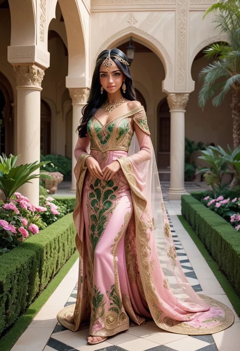(medium full shot) of (opulent arabian princess) young woman, tiny build, black hair, straight hair, green eyes, tan skin, wearing a delicate beaded veil , pink gold brocade gown with chic patterns and flowing train, loafers with chic design, smoky eyeshadow, statement earrings ornate sash with coin accents, set in sultan palace, Courtyard Garden, lush greenery and exotic flowers, fountains with intricate tile work, stone pathways, shaded pavilions, peacocks roaming freely , woman smiling, detailed face, ,Masterpiece,best quality, photo, realistic, very aesthetic,