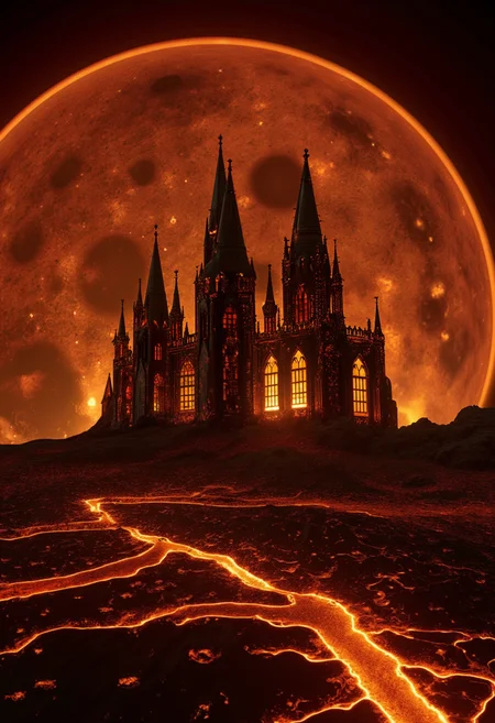 breathtaking photography of a gothic cathedral made of molten rock and lava with glowing stained glass windows standing on the surface of the sun