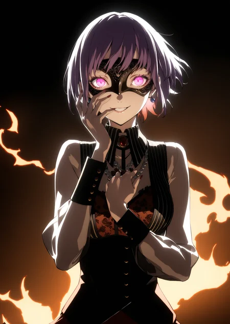 masterpiece, best quality, absurdres, very authentic, 1girl, solo, YuutenjiNyamu, amoris eye mask, amoris costume, hand on own face, earrings, simple background, dynamic, glowing eyes, looking at viewer, evil smile, flame effect, burning, soejima shigenori, intense, filmic, floating hair,
<lora:YTJNM-anxl31:0.6>, <lora:persona_style_xl_c:0.6>,