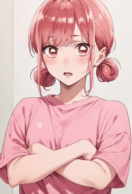 score_9, score_8_up, score_7_up, source_anime, chono hina, pink hair, pink eyes, hair bun, 1girl, solo, blush, crossed arms, looking at viewer, twintails, shirt, open mouth, pink shirt, upper body