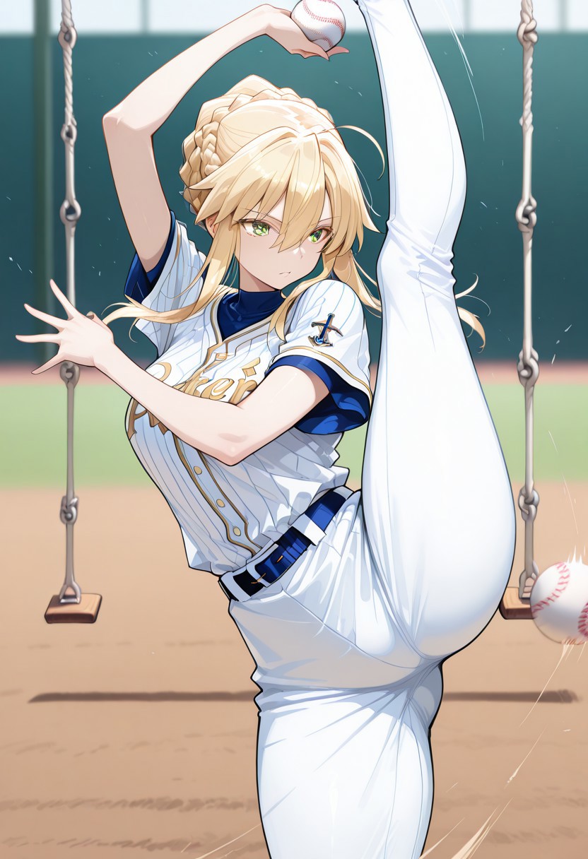 lazypos, 
lively, lively and cheery, 
wide hips, slim waist,
baseball uniform, 1 baseball ,  hands on baseball,
swing throwing pose, legs split up,
1 girl, artoria ruler (fate),artrrule2a, blonde hair, sidelocks, french braid, hair between eyes, green eyes, 
dynamic pose,