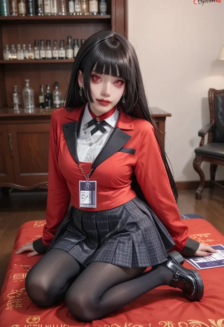jabami yumeko, id card, red eyes,hime cut, black thighhighs,piercing, red choker, long sleeves, black footwear, pleated skirt, black pantyhose, earrings,