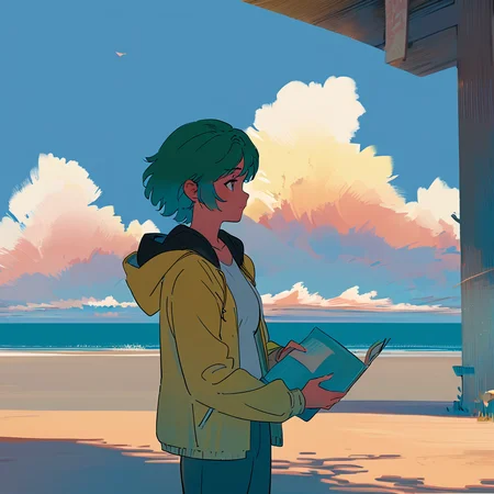 masterpiece, best quality, <lora:style44-xl-a31:1>,cloud, solo, 1girl, sky, short hair, outdoors, holding, hood, cloudy sky, wind, jacket, shirt, yellow jacket, hood down, scenery, green hair, long sleeves, book, blue sky, profile, hooded jacket, day, holding book, open clothes, pants, aqua hair, water, hoodie, standing