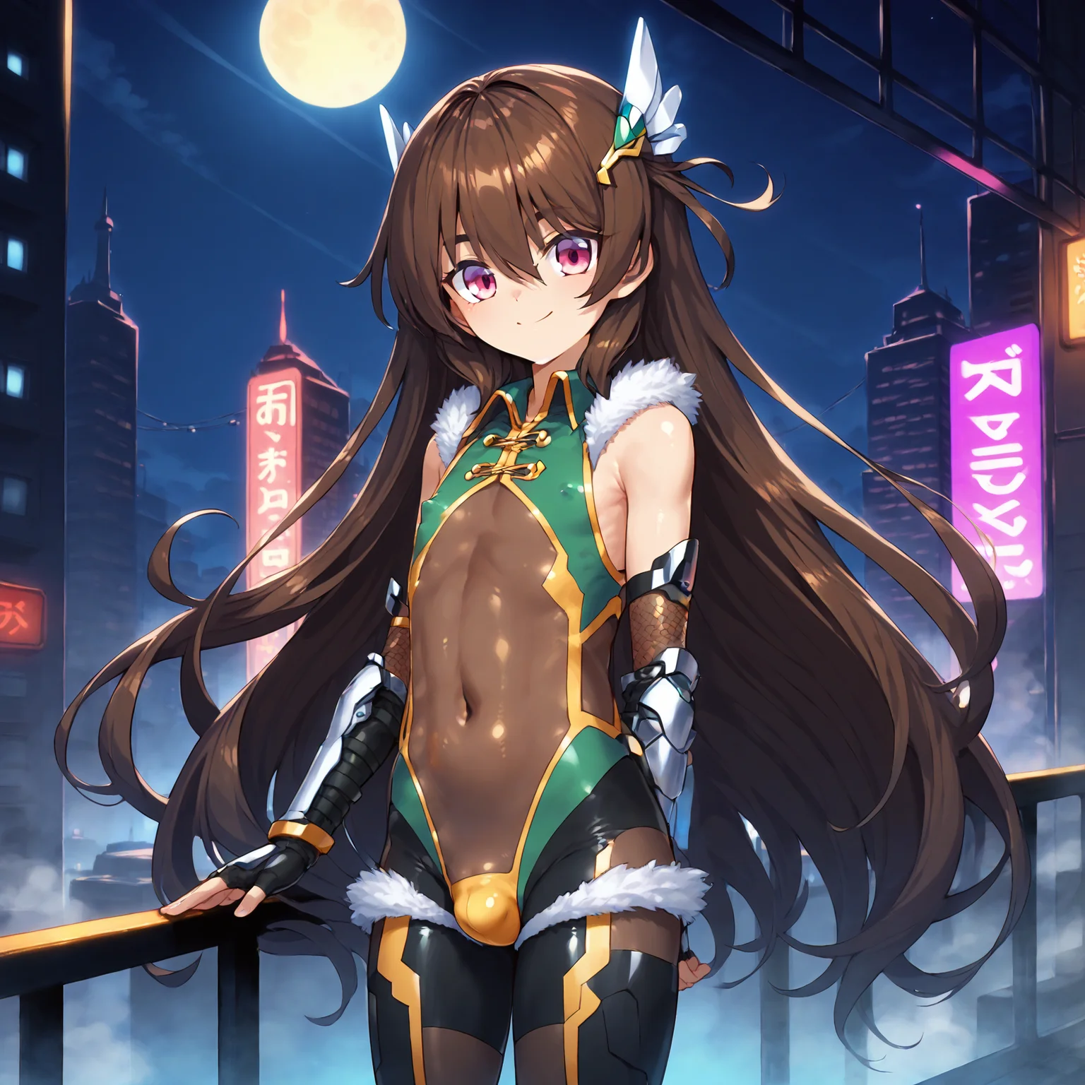 realism,score_9,score_8_up,score_7_up,score_anime BREAK
1boy,solo,otoko no ko,Uehara Shikanosuke,taimanin suit,bangs,bare shoulders,black gloves,covered navel,fingerless elbow gloves,(hair ornament:1.3),fur trim,pantyhose,pink eyes,flat chest,brown hair,moist long hair,bulge,large testicles,covered erectile nipples,<lora:UeharaShikanosuke_ponyDV6_NR64:0.8> BREAK
cowboy_shot,standing,arms at sides,smile,erection under clothes,neon night city,night skyscreper building balcony,