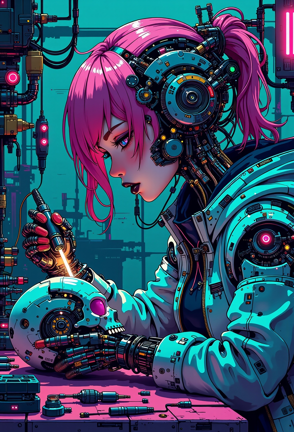 <lora:ck-nc-pastel-cyberpunk:1>, A digital artwork in the style of cknc, A half-body shot of a beautiful cyborg girl in her futuristic workshop. She has neon pink hair cascading down her shoulders, contrasting sharply with her black lipstick. The top of her face, from under the nose to the forehead, is removed like a mask, revealing a detailed mechanical skull underneath. With intense focus, she uses a glowing soldering iron to carefully repair the cracks on a detached skull, which rests in her other hand. Her exposed robotic eye glows a brilliant blue, illuminating the intricate cybernetic components beneath the skull. The workshop is cluttered with futuristic tools, wires, and neon-lit gadgets, all bathed in vibrant cyberpunk hue, electric pinks, deep blues, and fluorescent greens. The neon light reflects off her sleek metallic parts, casting dynamic shadows, while the scene radiates a blend of gritty industrial and high-tech futurism. The art style is highly detailed, in the vein of futurist anime, capturing the beauty of the cyborg girl and the mechanical complexity of her exposed skull.