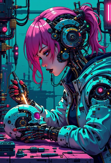 <lora:ck-nc-pastel-cyberpunk:1>, A digital artwork in the style of cknc, A half-body shot of a beautiful cyborg girl in her futuristic workshop. She has neon pink hair cascading down her shoulders, contrasting sharply with her black lipstick. The top of her face, from under the nose to the forehead, is removed like a mask, revealing a detailed mechanical skull underneath. With intense focus, she uses a glowing soldering iron to carefully repair the cracks on a detached skull, which rests in her other hand. Her exposed robotic eye glows a brilliant blue, illuminating the intricate cybernetic components beneath the skull. The workshop is cluttered with futuristic tools, wires, and neon-lit gadgets, all bathed in vibrant cyberpunk hue, electric pinks, deep blues, and fluorescent greens. The neon light reflects off her sleek metallic parts, casting dynamic shadows, while the scene radiates a blend of gritty industrial and high-tech futurism. The art style is highly detailed, in the vein of futurist anime, capturing the beauty of the cyborg girl and the mechanical complexity of her exposed skull.
