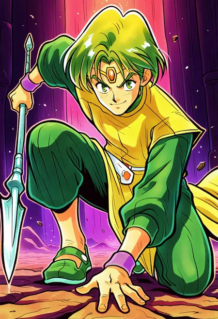 masterpiece, best quality, amazing quality, very aesthetic, absurdres, newest, borgiffl3, 1boy, short green hair, circlet, green eyes, green pants, long green baggy sleeves, long yellow tabard, purple wristband, white belt, green sandals,  spear, holding single spear, close up, action pose