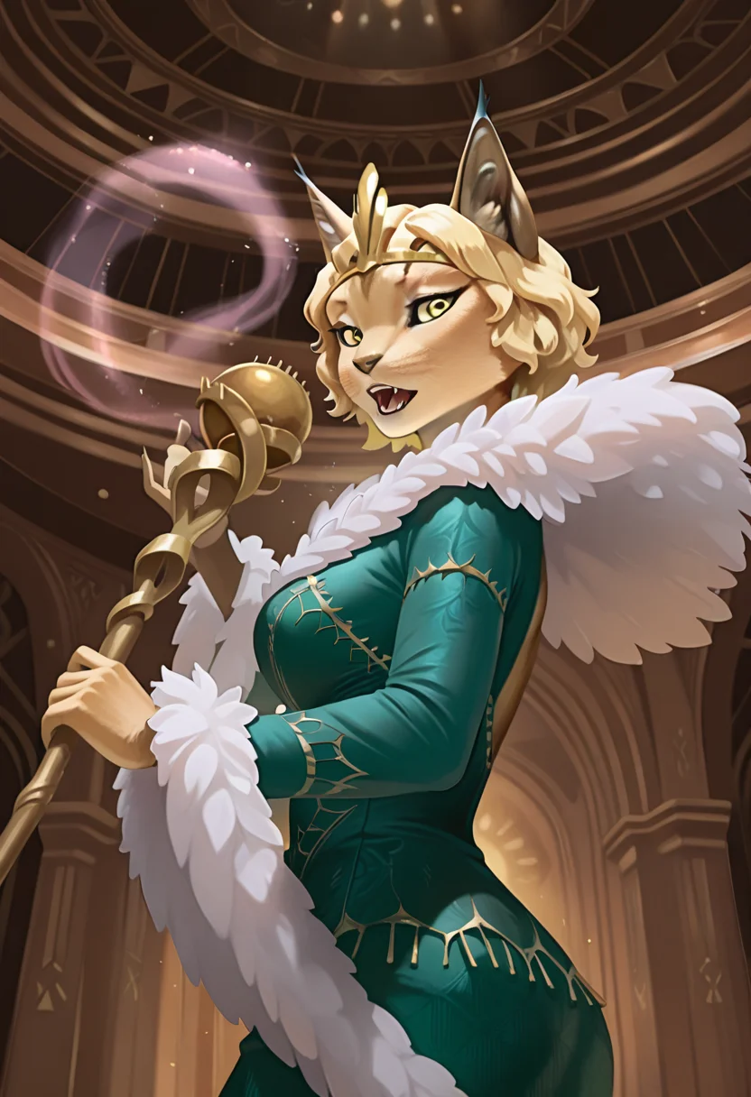 best quality, amazing quality, absurdres, newest, high quality, masterpiece, KittKantoMTG, 1girl, feline, crown, blonde hair, short hair, green dress, fur trim, furry female, solo, animal ears, indoors, on stage, upper body, standing, looking at viewer, yellow eyes, singing, holding staff, magic <lora:Kitt_Kanto_Magic_the_Gathering:.9> <lora:NOOB_vp1_detailer_by_volnovik_v1:1>