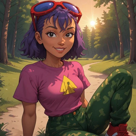 score_9, score_8, BREAK, solo, Reggie_Rocket_(Rocket_Power), 1girl, purple hair, red sunglasses, sunglasses on head, black eyes, lips, magenta shirt, rocket print, green camo pants, red sneakers, dark skin, dark skin female, self portrait, smile, looking at viewer, outdoors, sunlight, shadows, evening lighting, natural lighting, forest, trees, grass, orange sky, sunset