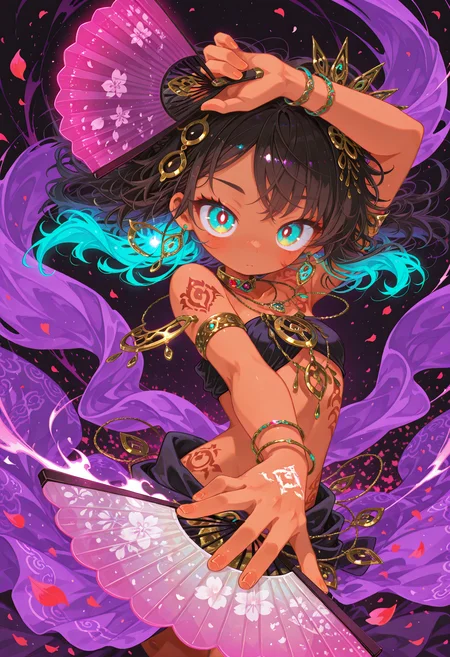 1girl, solo,hair ornament, jewelry, earrings, necklace, collar, armlet, glowing, looking at viewer,dark skin, tattoo, head covering, holding fan, dynamic pose, looking at viewer, petals falling, translucent fan,  masterpiece, very aesthetic, absurdres, edanoma_meu_illu, flat color, no lineart, svevsty,