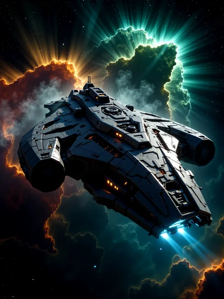 this is a highly detailed digital artwork depicting a massive, futuristic spaceship floating in the vastness of space, viewed from a slightly low-angle perspective. the spaceship, which dominates the center of the image, is an enormous, angular structure with a dark, metallic exterior featuring numerous mechanical components, antennae, and armor panels. the ship's surface is textured with intricate details, suggesting a highly advanced, militarized design. the spaceship's bow features an open hangar bay with a shimmering energy shield, revealing a glimpse of its interior. surrounding the spaceship is a breathtaking nebula, composed of swirling clouds of gas and dust in vibrant colorful hues. the nebula's colors and textures are rich and dynamic, creating a vivid, almost ethereal backdrop that contrasts sharply with the dark, imposing presence of the spaceship. the nebula's outer edges are illuminated by the bright, distant stars, adding depth and a sense of scale to the scene. the overall aesthetic quality of the image is very high, showcasing exceptional artistic skill and attention to detail. the composition is balanced, with the spaceship as the central focus, surrounded by the awe-inspiring, colorful nebula, deep teal and light beige and burgundy and cobalt blue, ovg, in the style of cksx, vibrantnebula, <lora:spaceships-flux-by_chronoknight:0.98> <lora:spacecraft-vibrant_nebula-v2-flux-by_bra2ha:0.8>