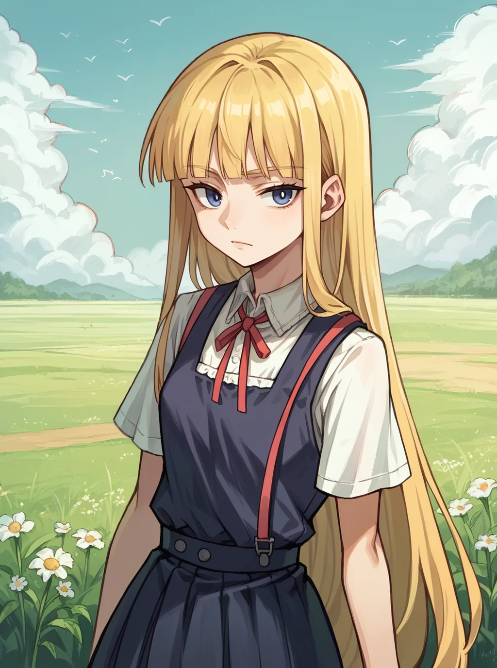 score_9, score_8_up, score_7_up, source_anime, solo, 1girl, evangeline a.k. mcdowell, blonde hair, blunt bangs, , , Field radio, <lora:evangeline_PDXL-000002:1>
