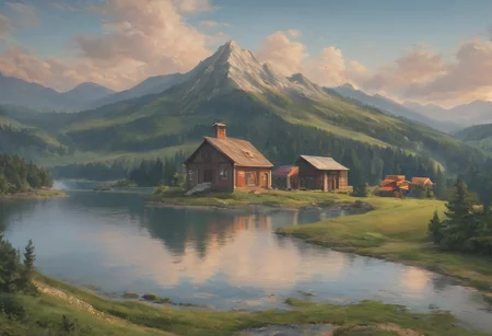 A frozen tundra with a cabin on a lake, romantic impressionism, dream scenery art, beautiful oil matte painting, romantic, beautiful digital painting, anime landscape, romantic painting, dreamlike digital painting, colorful painting, thick brushstrokes characteristic, rough stroke, beautiful gorgeous digital art, style Karol Bok, Brian Froud, Wendy Froud, Guy Davis, Sergio Sandoval