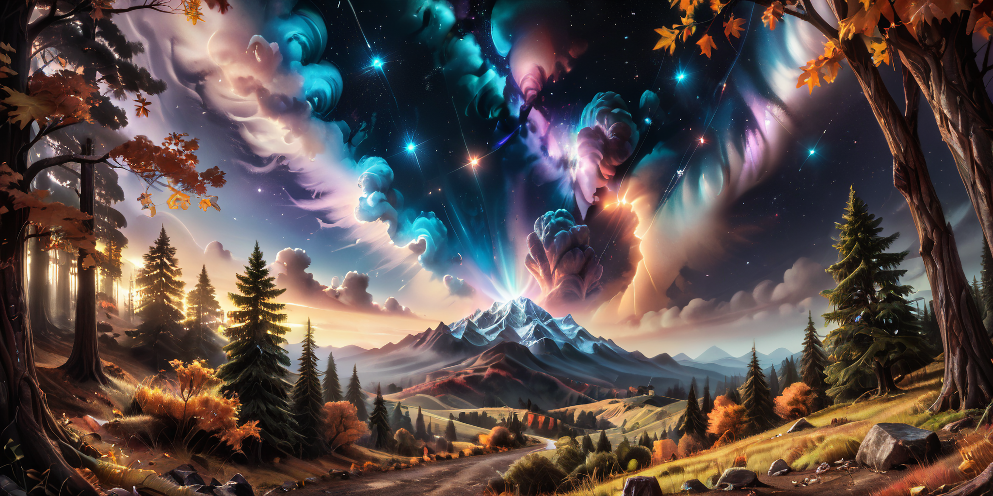 scenic view over ht sky, Close-up astrophotography (Orion Nebula:1.26)'s (Orion's Belt:1.2), ethereal pinkish-purple gas clouds, (luminous star clusters:1.12), (wispy tendrils:1.12) (high contrast, vibrant colors:1.19) against (inky blackness of space:1.22) (stellar background:0.9), (captured with high-resolution camera) (sharp details:0.85), (optimal view of celestial beauty), (A vast mountainous landscape with tall trees, crisp autumn leaves,), (high resolution photograph:1.22), p3<lora:sdxl\add-detail-xl.safetensors:0.87:0.32> <lora:sdxl\incase_style_v3-1_ponyxl_ilff.safetensors:0.941:0.25> <lora:sdxl\pony-realism-22-nsfw-photo.safetensors:0.88:0.23> score_9, score_8_up, score_7_up, BREAK, realistic, photo, photorealistic, {nsfwupscaler,|}p3,s6,,