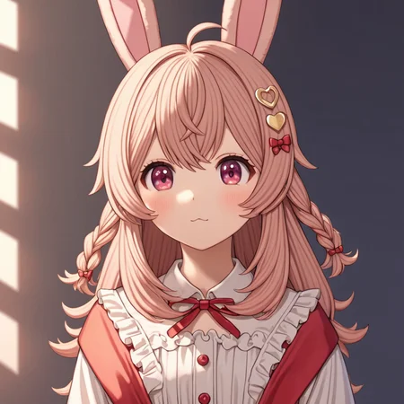 pippa, :3 rabbit ears, bangs, closed mouth, rabbit girl, sleeves past wrists, solo, twin braids, virtual youtuber, ahoge, pink eyes,
pipi hairclip, heart hairclip, bow hairclip, bunny hairclip, red bow hairclip, tiny heart hairclip,
((white blouse, frills,bedroom,book))
(((best quality, ultra-detailed, shading, sharpness, volumetric lighting, cowboy shot)))
<lora:PIPPA-XL-t9-000001:0.6>