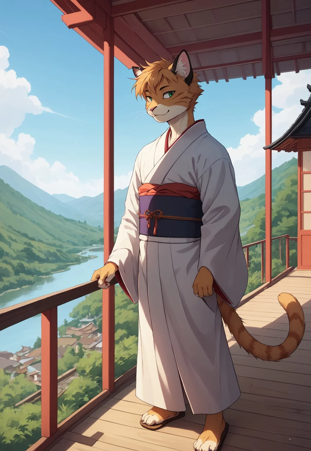 masterpiece, best quality, amazing quality, very aesthetic, absurdres, newest, scenery, The_furry_style, solo, cat boy is looking at the sky, dutch angle, tradition japanese clothes