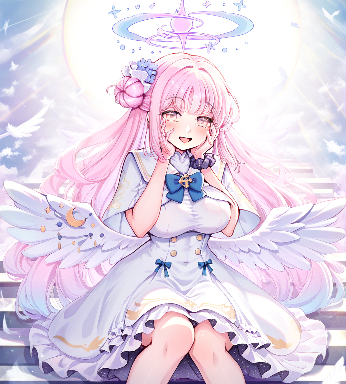 <lora:Mihan:1.3>,1girl, mika \(blue archive\), huge breasts, wide hips, blue archive, :d, angel wings, arm support, backlighting, blunt bangs, brown eyes, capelet, dress, feathered wings, flower, frilled dress, frills, hair bun, hair flower, hair ornament, hair scrunchie, halo, hands on own cheeks, hands on own face, knees together feet apart, long hair, looking at viewer, pink hair, school uniform, scrunchie, sidelocks, single side bun, sitting, sitting on stairs, smile, solo, stairs, turtleneck dress, white capelet, white dress, white wings, wings, 
very awa, masterpiece, best quality, highres, absurdes,amazing quality,very aesthetic,intricate details, <lora:hand 5.5:1>