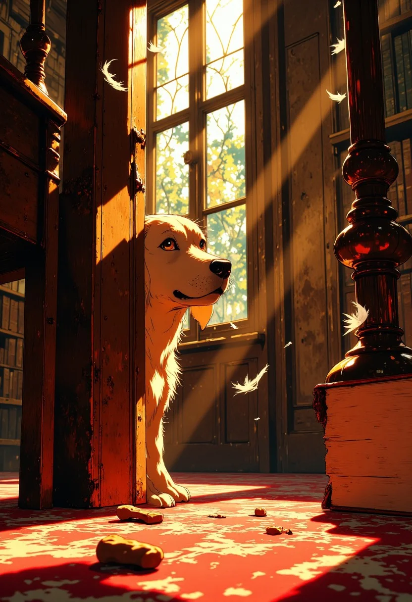 A mischievous golden retriever with inquisitive eyes peeks out from behind a massive, weathered leather-bound book in an old Victorian library. Only half of the dog's face is visible, with one expressive eyebrow raised in curiosity. The library is dimly lit with dusty sunbeams filtering through stained glass windows, creating dappled light patterns across the wooden floor. The dog's fur catches the golden light, giving it an almost magical glow. Several feathers from a nearby quill pen float in mid-air, suggesting the dog has just caused a minor disruption. A half-eaten dog biscuit lies conspicuously on the antique carpet, betraying the canine's hiding spot. The scene captures that perfect moment of playful stealth and innocent trouble-making, with the dog clearly thinking it's invisible despite its obvious hiding place.