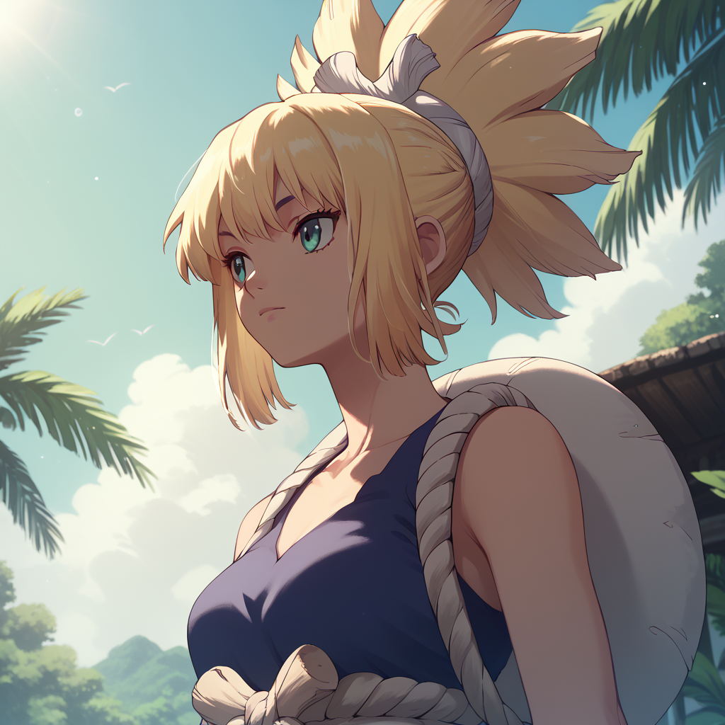 <lora:SlimesKohaku:1>, score_9, score_8_up, score_7_up, slimes_kohaku, woman, solo, tropical beach background