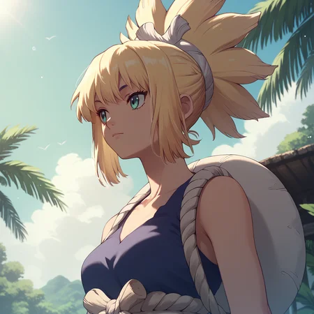 <lora:SlimesKohaku:1>, score_9, score_8_up, score_7_up, slimes_kohaku, woman, solo, tropical beach background