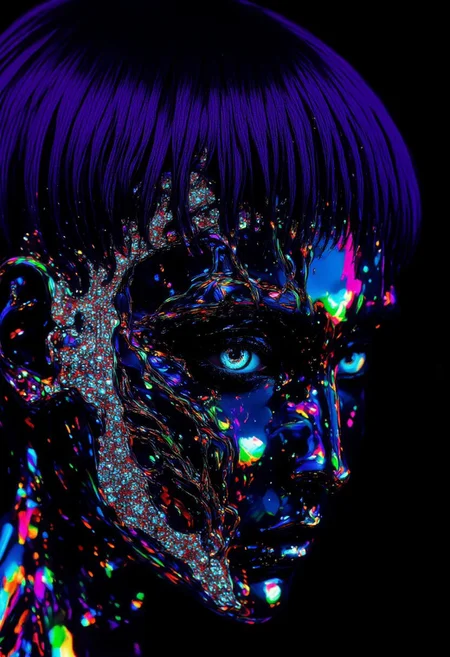 ((aidmaimageupgrader, aidmaMJ6.1, ne0nfant4sy)) A hyper-realistic, face close-up portrait of a woman with very short deep violet hair, side-trimmed and expertly faded. She faces the viewer with an expression of strength and mystery, her eyes half-closed in a futuristic, serene gaze. The left side of her face is fused with a sleek obsidian-black mold, seamlessly integrated into her skin, partially covering her left eye. It has over 10,000 razor-thin iridescent lines extending outward in rigid formations, resembling molten silk strands. The polished surface reflects neon-green and electric-cyan light, adding a surreal glow.
Tiny crystalline flecks shimmer within the mold, enhancing its futuristic essence. Some sections appear semi-liquid, with metallic drips flowing in dynamic patterns, merging technology and organic form. Holographic projections trace the mold’s edges, emitting pulsating ultraviolet symbols and shifting geometric shapes. The top of her head is visible, emphasizing the intricate details, while the rest remains out of frame, focusing entirely on her surreal fusion of human and machine.