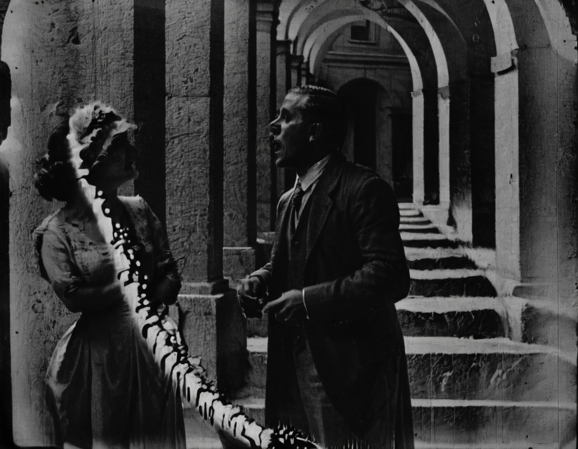<lora:fdec:0.8>fdec man and woman standing on collonade 
photograph from 1920s