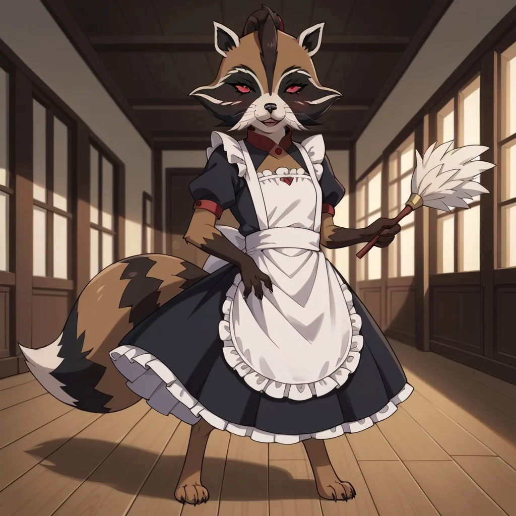 score_9, score_8_up, score_8, score_7, source_cartoon, PRR(2012), solo, 1boy, semi-anthro, raccoon, brown and black fur, white muzzle, white ears, raccoon tail, red eyes, full body, looking at viewer, traditional maid outfit, holding feather duster, blush, smile, elegant hallway setting,