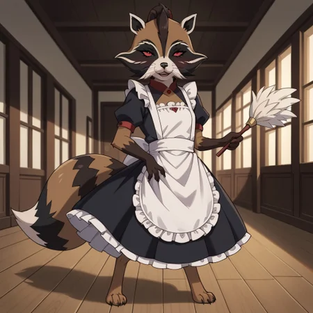 score_9, score_8_up, score_8, score_7, source_cartoon, PRR(2012), solo, 1boy, semi-anthro, raccoon, brown and black fur, white muzzle, white ears, raccoon tail, red eyes, full body, looking at viewer, traditional maid outfit, holding feather duster, blush, smile, elegant hallway setting,