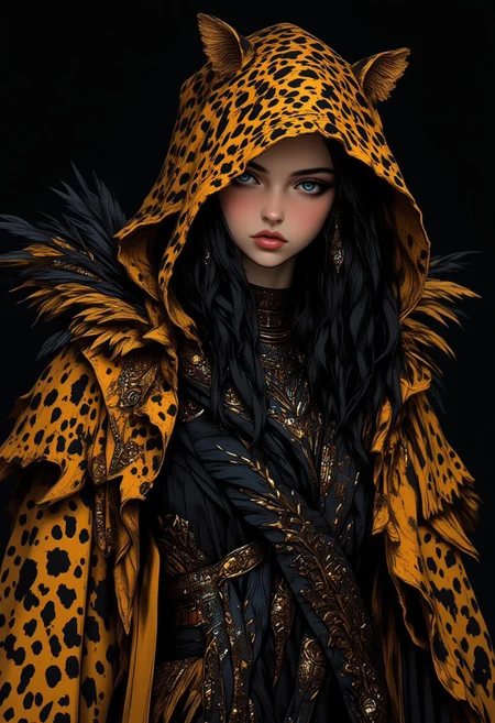 A hyper-realistic illustration of a young woman with ethereal, feline-inspired attire, her hooded cloak resembling the sleek, spotted fur of a jaguar. The cloak is lush with textures, in shades of deep gold and onyx, and her face is partially hidden under a hood lined with soft, surreal feathers. Intricate details mimic feline features, with pointed ears subtly integrated into the hood’s design, and her long, jet-black hair falls over one shoulder. Inspired by the surrealism of Remedios Varo, her hands are poised in a gesture of mystique. Captured with a Canon EOS R5 and RF 85mm f/1.2L lens, f/1.2, ISO 100, and subtle lighting that highlights her garment’s unique textures and patterns, each spot and feather glows with a surreal, almost magical quality, blending realism with a mystical, jungle-like ambiance.