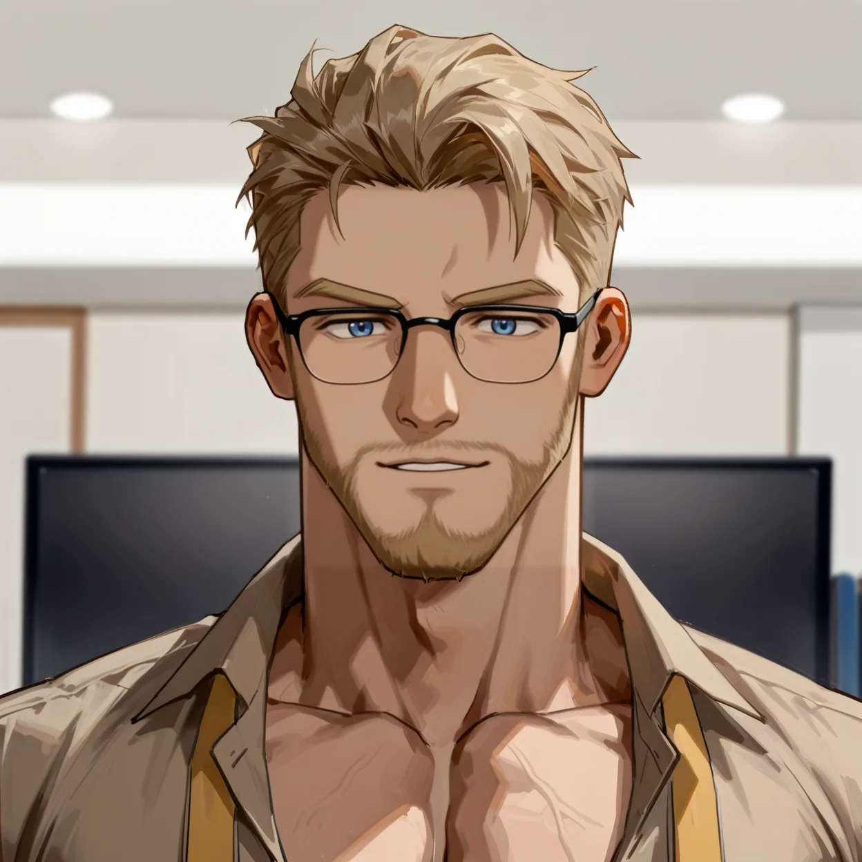 <lora:Alex__ComingOutOnTop:.6>, Alex, Blonde hair, blue eyes, bespectacled, Brown shirt, open clothing, Yellow tie, undone necktie,
(very short hair, beard, bara, mature, facial hair, stubble, beard, full beard, sideburn, beard, a lot of beard, ), facial hair,male focus, muscular male, muscular male, bara, mature,  bara, mature, aixiwuganda_(20222192), very awa, masterpiece, best quality, absurdres, newest, perfect quality, detailed background, intricate details,
<lora:slider_Body Type_alpha1.0_rank4_noxattn_last:3><lora:style_Anime Summer Days 2 Style SDXL_LoRA_Pony Diffusion V6 XL:.6><lora:slider_cfg_scale_boost:.7><lora:Artist6p:.55>, Artist6p, Artist04p,<lora:slider_il_brightness_slider_d1:-1><lora:slider_il_contrast_slider_d1:-1><lora:slider_DarkSlider1.2_alpha1.0_rank16_full_300steps:-.6>
