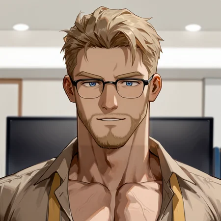 <lora:Alex__ComingOutOnTop:.6>, Alex, Blonde hair, blue eyes, bespectacled, Brown shirt, open clothing, Yellow tie, undone necktie,
(very short hair, beard, bara, mature, facial hair, stubble, beard, full beard, sideburn, beard, a lot of beard, ), facial hair,male focus, muscular male, muscular male, bara, mature,  bara, mature, aixiwuganda_(20222192), very awa, masterpiece, best quality, absurdres, newest, perfect quality, detailed background, intricate details,
<lora:slider_Body Type_alpha1.0_rank4_noxattn_last:3><lora:style_Anime Summer Days 2 Style SDXL_LoRA_Pony Diffusion V6 XL:.6><lora:slider_cfg_scale_boost:.7><lora:Artist6p:.55>, Artist6p, Artist04p,<lora:slider_il_brightness_slider_d1:-1><lora:slider_il_contrast_slider_d1:-1><lora:slider_DarkSlider1.2_alpha1.0_rank16_full_300steps:-.6>