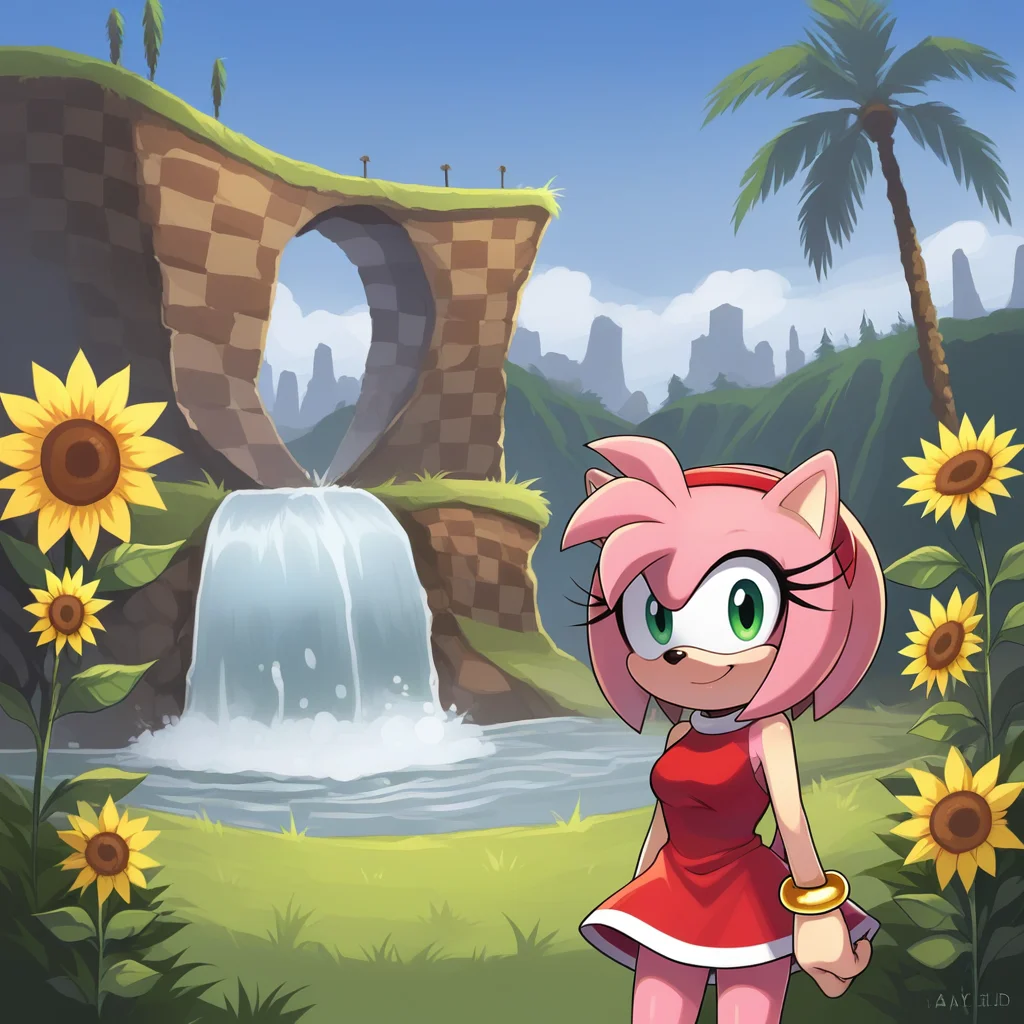 score_9, score_8_up, score_7_up, score_6_up, score_5_up, score_4_up, zPDXL2,source_furry,rating_questionable,1girl, solo (amy rose:1.1), cowboy shot, looking at viewer, smile, <lora:Green_Hill_Zone:0.7> gr33nh1ll, outdoors, grass, blue sky, palm tree, sunflowers, checkered dirt, waterfalls, loops