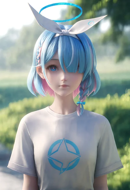 sunlight,
arona (blue archive), 1girl, blue eyes, shirt, blue hair, halo, white shirt, multicolored hair, looking at viewer, solo, hair over one eye, pink hair, braid, blue halo, closed mouth, upper body, colored inner hair, short sleeves, blurry background, blurry, t-shirt, alternate costume, two-tone hair, outdoors, short hair, single braid, depth of field, shadow, cinematic lighting, wangzhe rongyao, <lora:wangzhe_rongyao_v1:0.9>