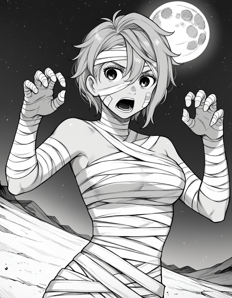 score_9, score_8_up, score_7_up, source_anime, <lora:aira-shiratori-manga-ponyxl-lora-nochekaiser:1>, aira shiratori, monochrome, greyscale, short hair, sidelocks, bangs, hair between eyes, medium breasts,, <lora:mummy-costume-ponyxl-lora-nochekaiser:1>, mummy costume, bandages, halloween costume, bandaged arm, zombie pose, bandage on face,, desert, moon, night, open mouth, , dutch angle, cowboy shot