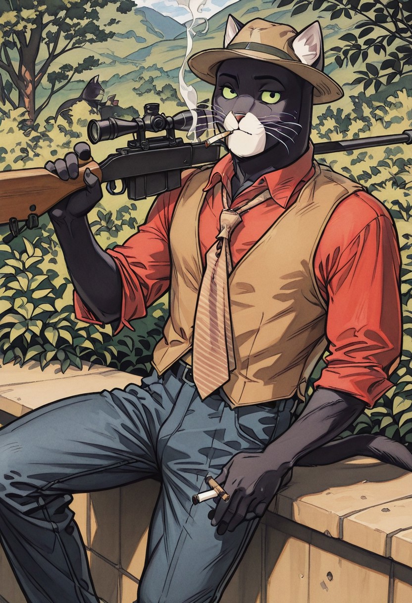 hd, core_9, score_8_up, score_7_up, score_6_up, score_5_up, score_4_up, detailed background, looks at the viewer, solo, male, furry, large, Cat, tie, pants, cat tail, Red button shirt, muscular, black cat, brown vest, brown jeans, Bush hat, cat whiskers, white spot on lower face, green sclera, smoking, holding sniper, sitting on ledge, 2fort, detailed face