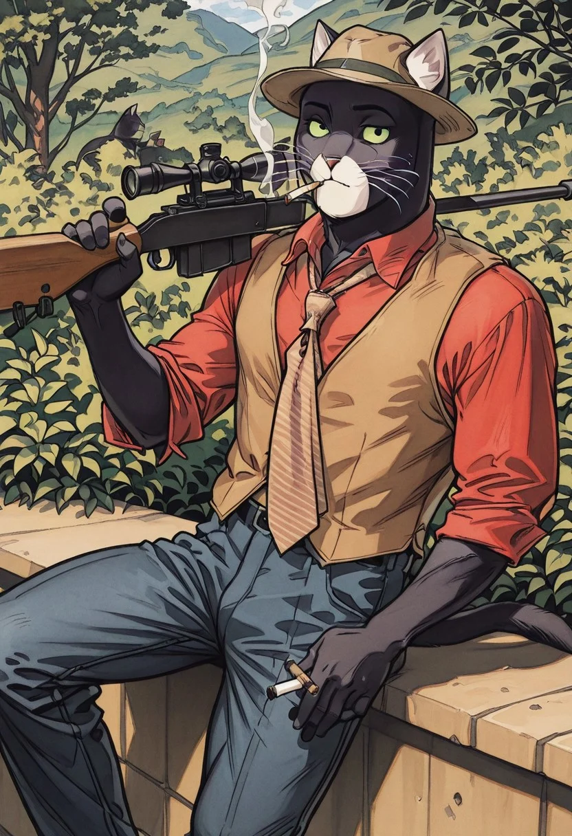 hd, core_9, score_8_up, score_7_up, score_6_up, score_5_up, score_4_up, detailed background, looks at the viewer, solo, male, furry, large, Cat, tie, pants, cat tail, Red button shirt, muscular, black cat, brown vest, brown jeans, Bush hat, cat whiskers, white spot on lower face, green sclera, smoking, holding sniper, sitting on ledge, 2fort, detailed face