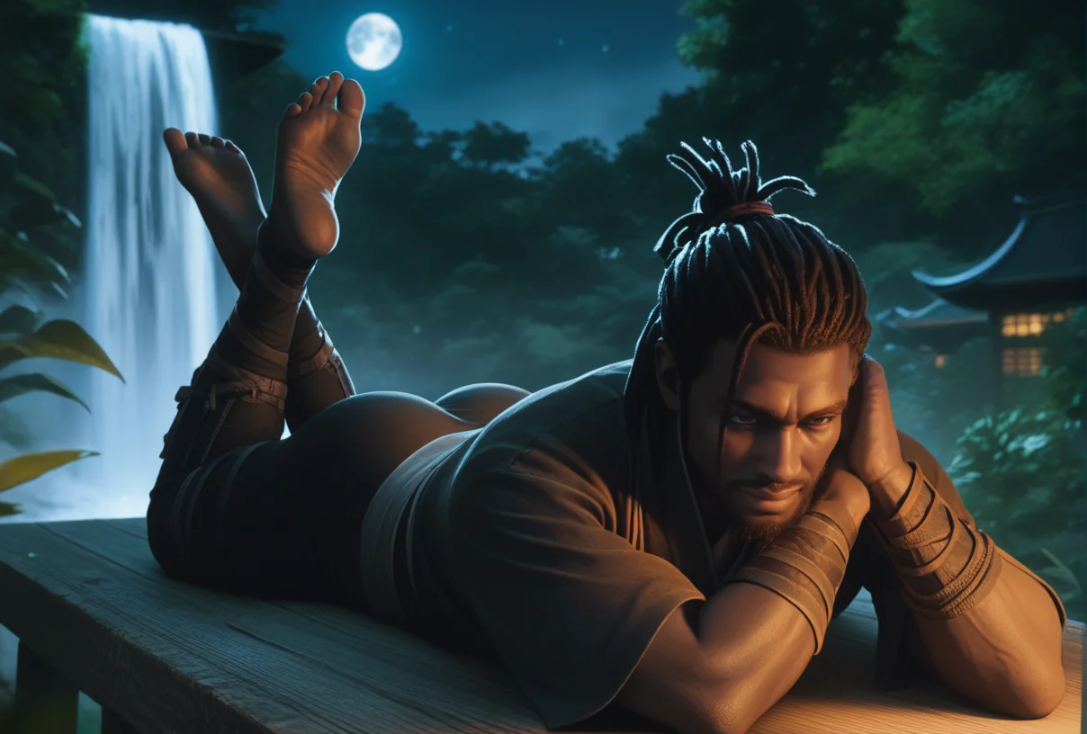 score_9, score_8_up, score_7_up, score_6_up, score_5_up, score_4_up, source_anime, photoshop \(medium\), <lora:ACShadows_t2-000008-128:1.0> 1boy, Yasuke, black hair
, lying on stomach, smile, seductive pose, feet up, ass
, outdoors, waterfall, medieval japanese forest at night, darkness, dark, moon
