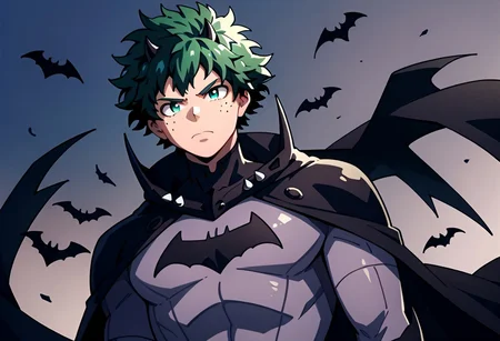 score_9,score_8_up,score_7_up,score_6_upscore_9,score_8_up,score_7_up,score_6_up,easynegative,negative_hand,source_cartoon,Expressionh
1 boy, Izuku Midoriya, green hair, messy hair, green eyes, green eyebrows, marked body, half body, detailed, Batman suit, black gloves, gray bodysuit, black shorts, black boots, black cape, bat symbol on chest, no Batman mask, no mask, serious look, spikes on forearms.
