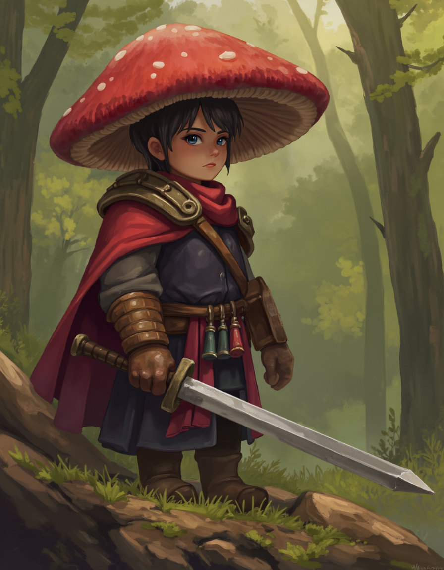 mushroom person, warrior, with a sword, red, in a forest