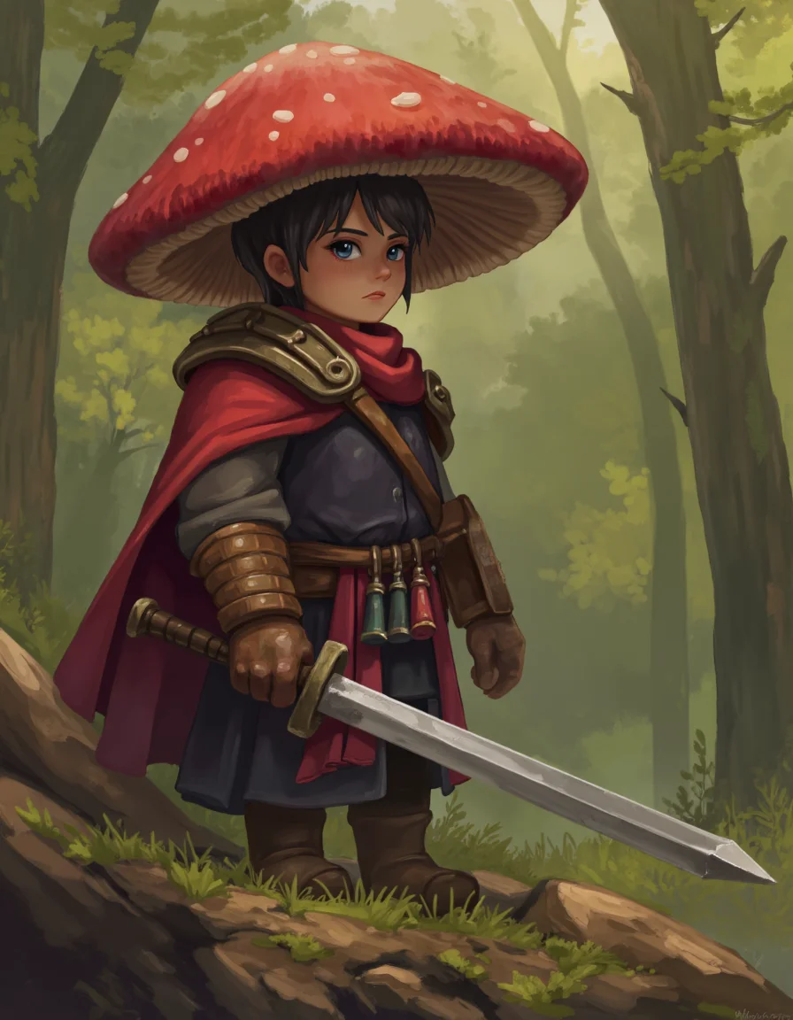 mushroom person, warrior, with a sword, red, in a forest